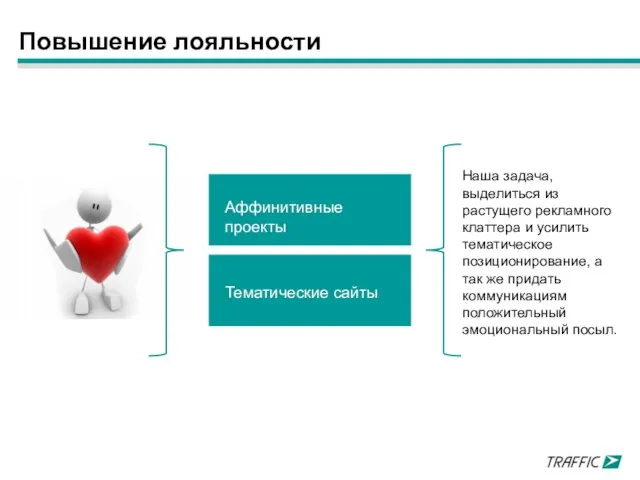 Повышение лояльности Аффинитивные проекты Наша задача, выделиться из растущего рекламного клаттера и