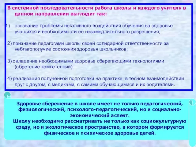 В системной последовательности работа школы и каждого учителя в данном направлении выглядит