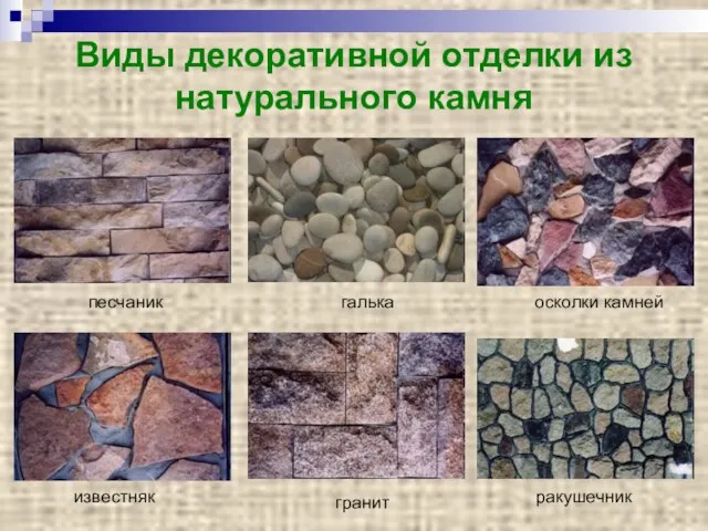 Виды декоративной отделки из натурального камня ракушечник известняк гранит песчаник галька осколки камней