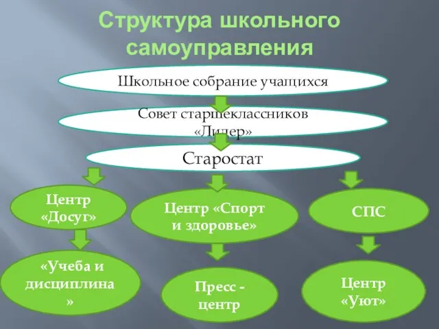 Структура школьного самоуправления Школьное собрание учащихся Совет старшеклассников «Лидер» Старостат Центр «Досуг»