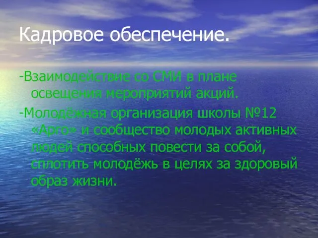 Кадровое обеспечение. -Взаимодействие со СМИ в плане освещения мероприятий акций. -Молодёжная организация