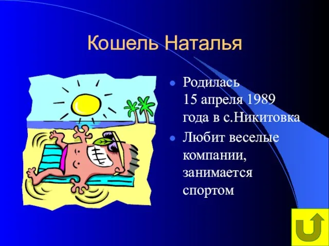 Кошель Наталья Родилась 15 апреля 1989 года в с.Никитовка Любит веселые компании, занимается спортом