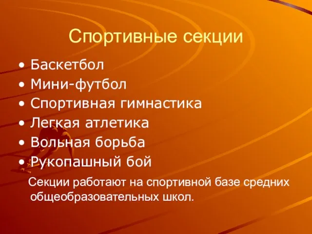 Спортивные секции Баскетбол Мини-футбол Спортивная гимнастика Легкая атлетика Вольная борьба Рукопашный бой