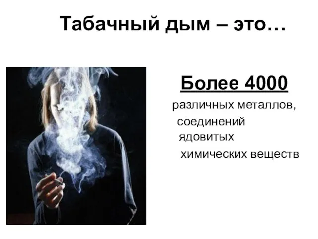 Табачный дым – это… Более 4000 различных металлов, соединений ядовитых химических веществ
