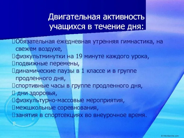 Двигательная активность учащихся в течение дня: Обязательная ежедневная утренняя гимнастика, на свежем