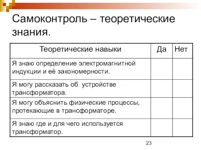 Самоконтроль – теоретические знания.