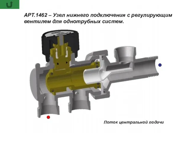 Поток центральной подачи АРТ.1462 – Узел нижнего подключения с регулирующим вентилем для однотрубных систем.