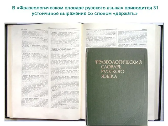 В «Фразеологическом словаре русского языка» приводится 31 устойчивое выражение со словом «держать»