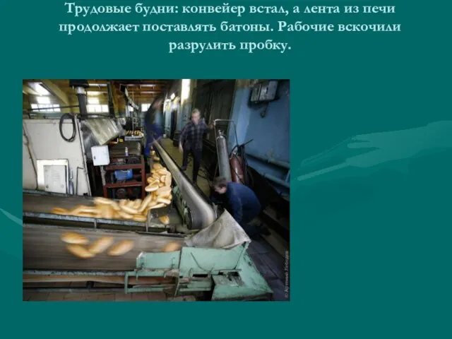 Трудовые будни: конвейер встал, а лента из печи продолжает поставлять батоны. Рабочие вскочили разрулить пробку.