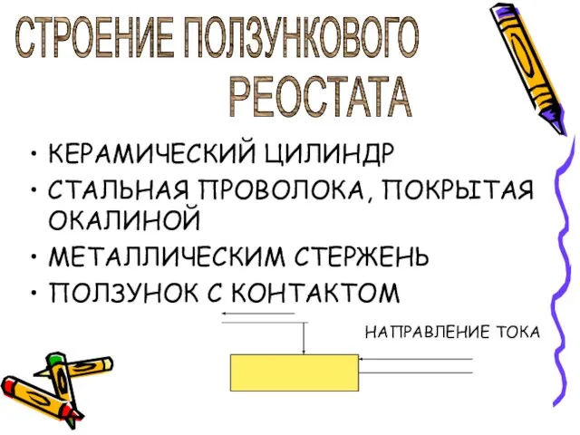 КЕРАМИЧЕСКИЙ ЦИЛИНДР СТАЛЬНАЯ ПРОВОЛОКА, ПОКРЫТАЯ ОКАЛИНОЙ МЕТАЛЛИЧЕСКИМ СТЕРЖЕНЬ ПОЛЗУНОК С КОНТАКТОМ НАПРАВЛЕНИЕ ТОКА СТРОЕНИЕ ПОЛЗУНКОВОГО РЕОСТАТА