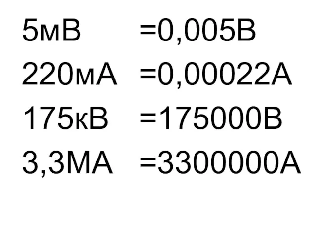 5мВ 220мА 175кВ 3,3МА =0,005В =0,00022А =175000В =3300000А