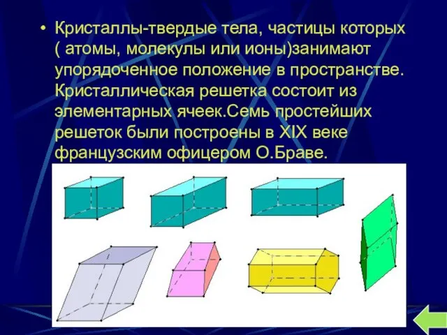 Кристаллы-твердые тела, частицы которых( атомы, молекулы или ионы)занимают упорядоченное положение в пространстве.Кристаллическая