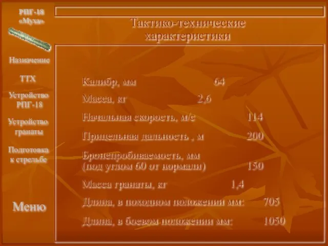 Меню РПГ-18 «Муха» Тактико-технические характеристики Калибр, мм 64 Масса, кг 2,6 Начальная