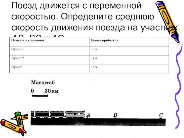 Поезд движется с переменной скоростью. Определите среднюю скорость движения поезда на участках АВ, ВС и АС.