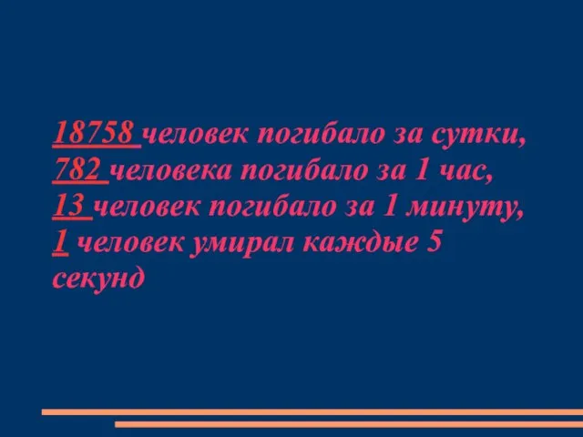 18758 человек погибало за сутки, 782 человека погибало за 1 час, 13