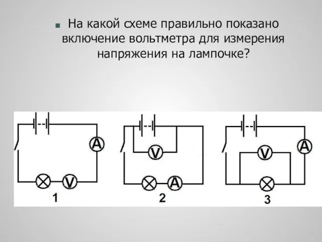 На какой схеме правильно показано включение вольтметра для измерения напряжения на лампочке?