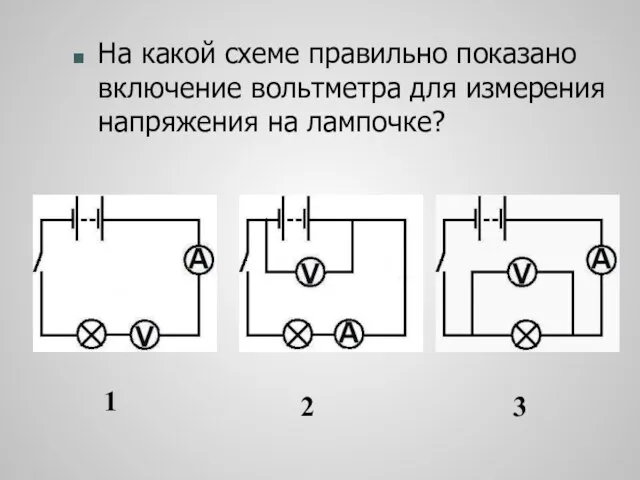 На какой схеме правильно показано включение вольтметра для измерения напряжения на лампочке? 1 2 3