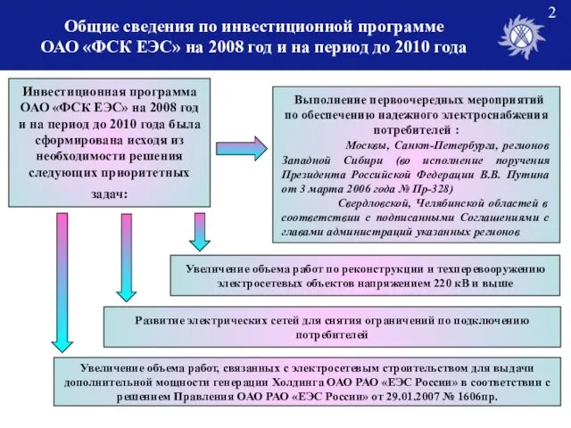 Общие сведения по инвестиционной программе ОАО «ФСК ЕЭС» на 2008 год и