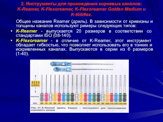 2. Инструменты для прохождения корневых каналов: K-Reamer, K-Flexoreamer, K-Flexoreamer Golden Medium и