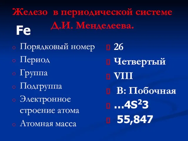 Железо в периодической системе Д.И. Менделеева. Порядковый номер Период Группа Подгруппа Электронное