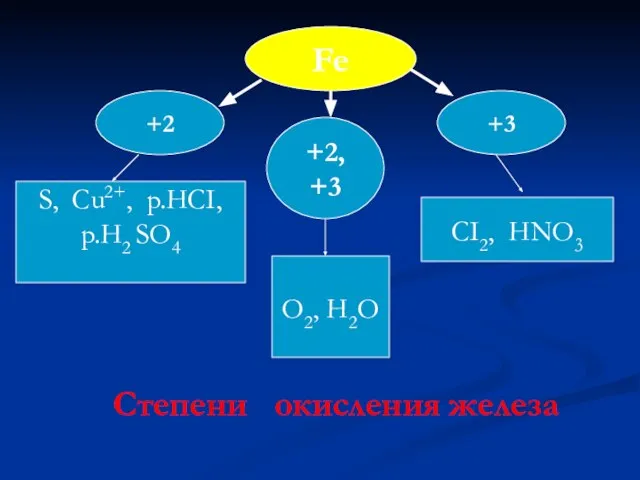 Fe +3 +2 +2, +3 O2, H2O CI2, HNO3 S, Cu2+, p.HCI,