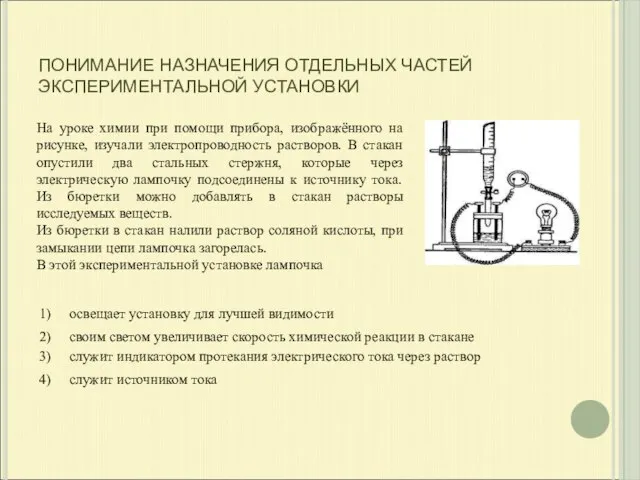 ПОНИМАНИЕ НАЗНАЧЕНИЯ ОТДЕЛЬНЫХ ЧАСТЕЙ ЭКСПЕРИМЕНТАЛЬНОЙ УСТАНОВКИ На уроке химии при помощи прибора,