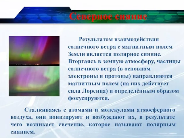 Северное сияние Результатом взаимодействия солнечного ветра с магнитным полем Земли является полярное