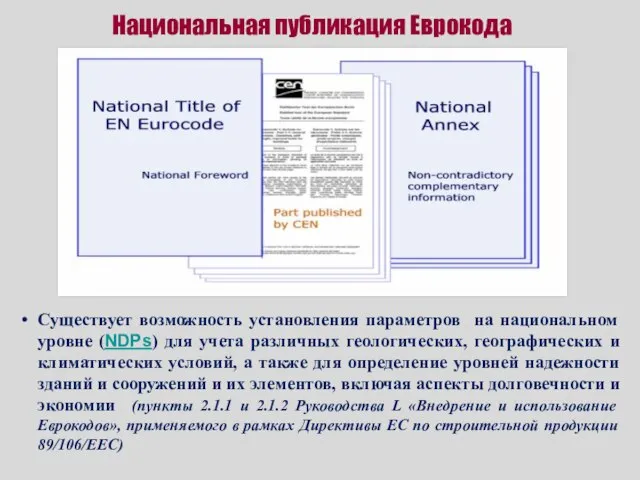 Национальная публикация Еврокода Существует возможность установления параметров на национальном уровне (NDPs) для