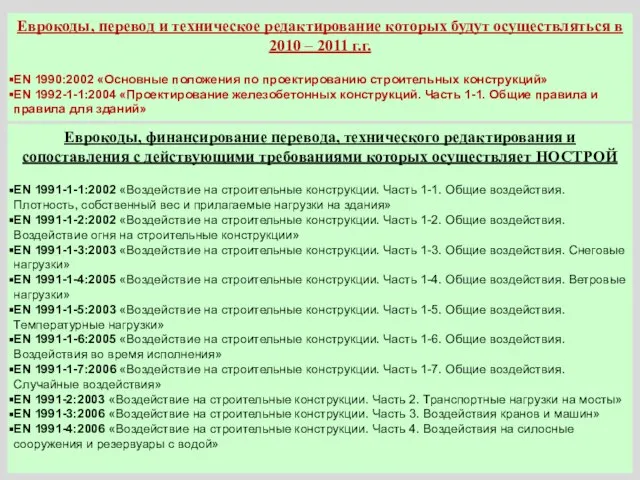 Еврокоды, перевод и техническое редактирование которых будут осуществляться в 2010 – 2011