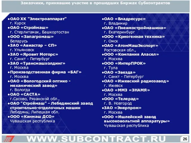 ОАО «Владресурс» г. Владимир ОАО «Пневмостроймашина» г. Екатеринбург ООО «Криогенная техника» г.