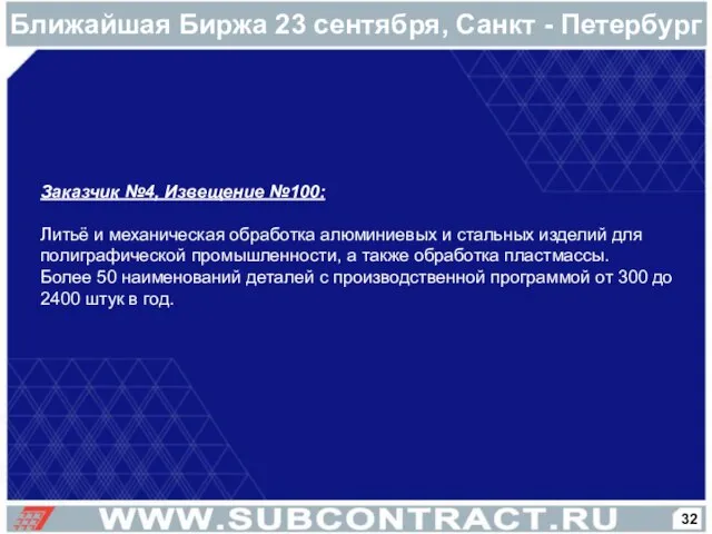 Заказчик №4, Извещение №100: Литьё и механическая обработка алюминиевых и стальных изделий