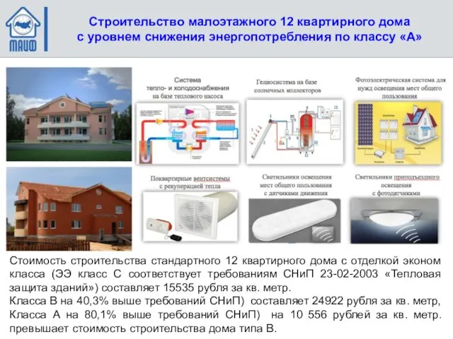 Строительство малоэтажного 12 квартирного дома с уровнем снижения энергопотребления по классу «А»