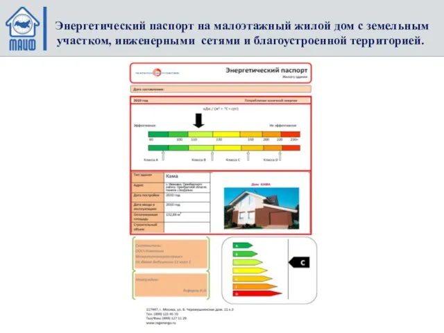 Энергетический паспорт на малоэтажный жилой дом с земельным участком, инженерными сетями и благоустроенной территорией.