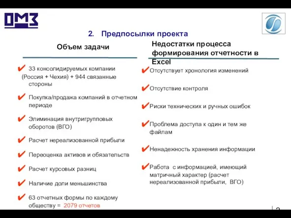 2. Предпосылки проекта Объем задачи Недостатки процесса формирования отчетности в Excel 33