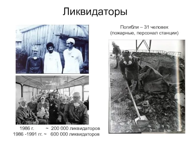 Ликвидаторы Погибли – 31 человек (пожарные, персонал станции) 1986 г. ~ 200