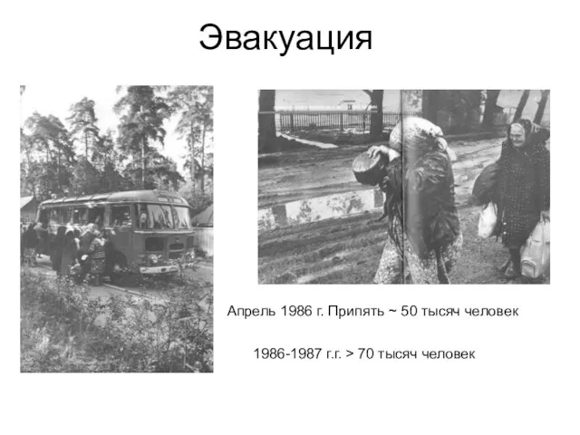 Эвакуация Апрель 1986 г. Припять ~ 50 тысяч человек 1986-1987 г.г. > 70 тысяч человек