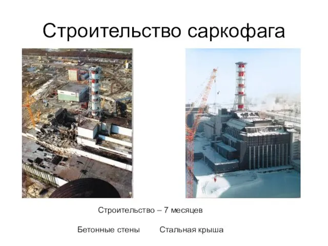 Строительство саркофага Строительство – 7 месяцев Бетонные стены Стальная крыша