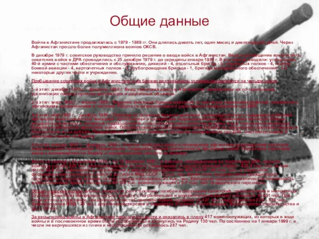 Общие данные Война в Афганистане продолжалась с 1979 - 1989 гг. Она