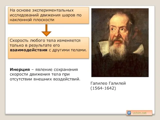 Галилео Галилей (1564-1642) На основе экспериментальных исследований движения шаров по наклонной плоскости