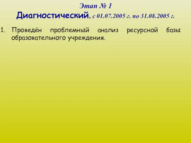 Этап № 1 Диагностический, с 01.07.2005 г. по 31.08.2005 г. Проведён проблемный