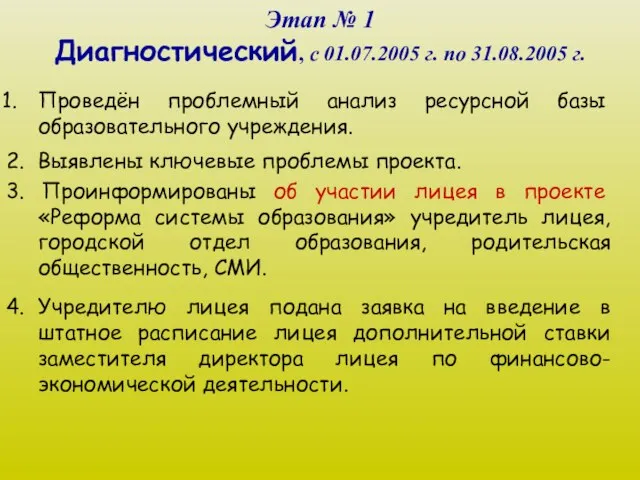 Этап № 1 Диагностический, с 01.07.2005 г. по 31.08.2005 г. Проведён проблемный