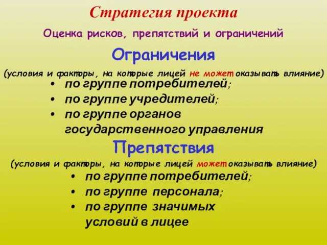 Стратегия проекта Оценка рисков, препятствий и ограничений (условия и факторы, на которые