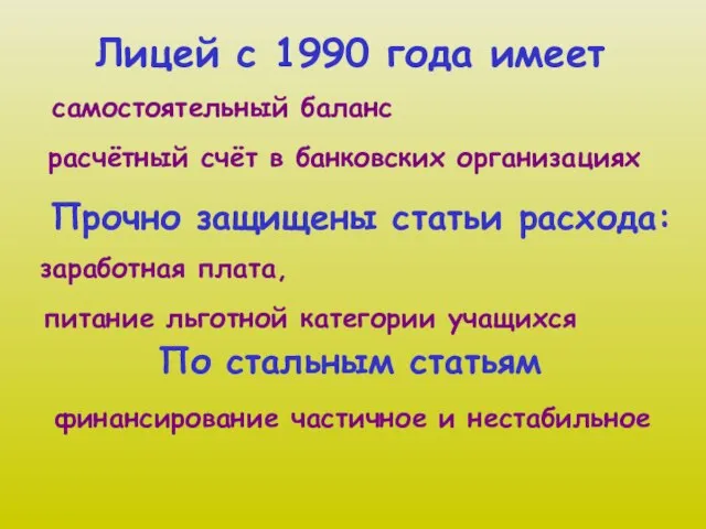 Лицей с 1990 года имеет самостоятельный баланс расчётный счёт в банковских организациях