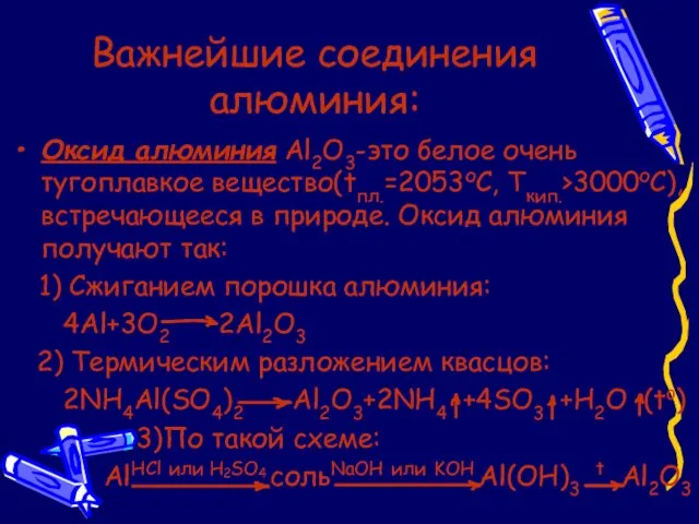 Важнейшие соединения алюминия: Оксид алюминия Al2O3-это белое очень тугоплавкое вещество(tпл.=2053оС, Tкип.>3000оС), встречающееся