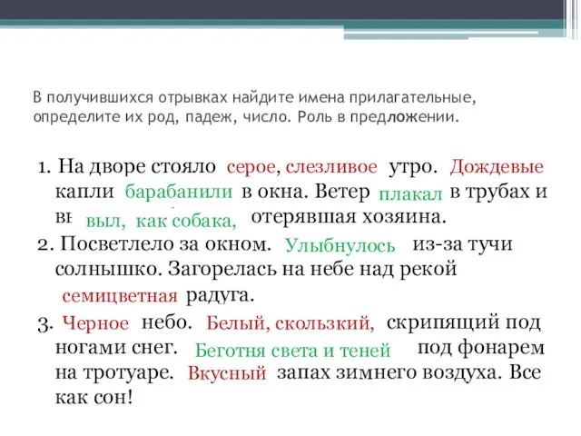 В получившихся отрывках найдите имена прилагательные, определите их род, падеж, число. Роль