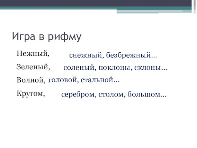 Игра в рифму Нежный, Зеленый, Волной, Кругом, снежный, безбрежный… соленый, поклоны, склоны…