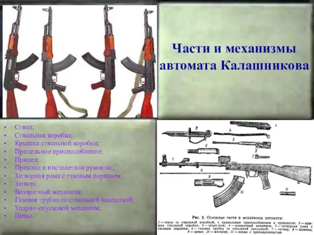 Части и механизмы автомата Калашникова Ствол; Ствольная коробка; Крышка ствольной коробки; Прицельное