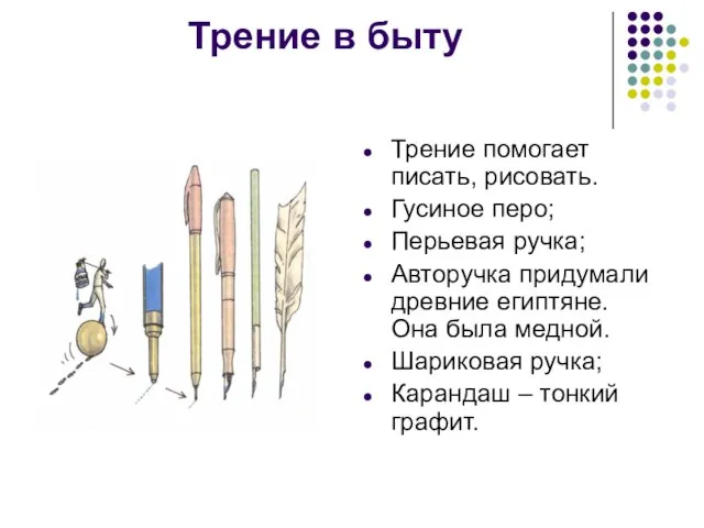 Трение в быту Трение помогает писать, рисовать. Гусиное перо; Перьевая ручка; Авторучка