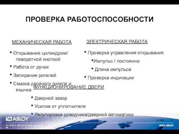 ПРОВЕРКА РАБОТОСПОСОБНОСТИ МЕХАНИЧЕСКАЯ РАБОТА Открывание цилиндром/ поворотной кнопкой Работа от ручки Запирание