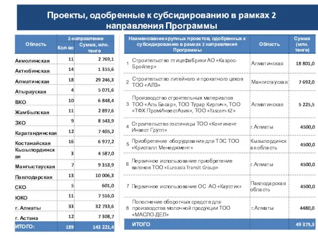 Проекты, одобренные к субсидированию в рамках 2 направления Программы